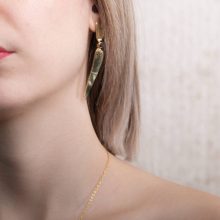 model with long gold earring.